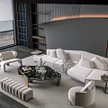 Modern Living Room White Sofa And Coffee Table Set With Black Marble Top And Armchairs
