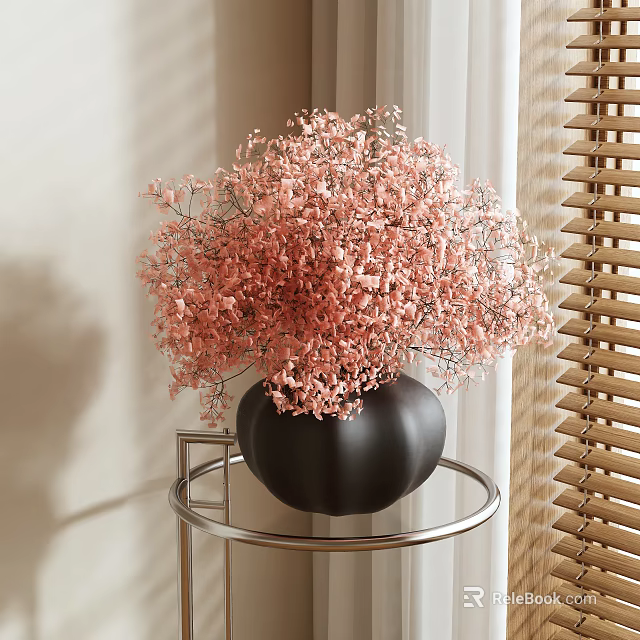 Pink Floral Arrangement in Black Vase on Metal Stand Table with Wooden Blinds Background 3d model 