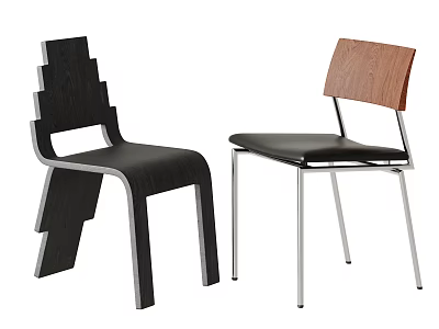 Modern Dining Chairs With Geometric Design Wooden Backrest And Metal Frame Leather Seat 3d model