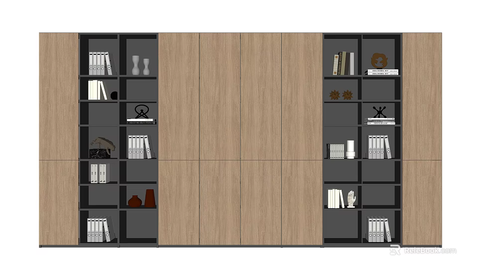 Modern Wooden Bookcase With Open Shelves Central Cabinet Doors Displaying Books And Decorative Items 3d model 