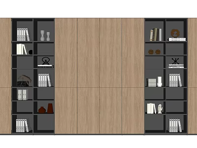 Modern Wooden Bookcase With Open Shelves Central Cabinet Doors Displaying Books And Decorative Items 3d model