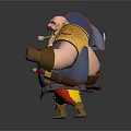 3D Fantasy Bearded Character Muscular Build Blue Armor Golden Shoulder Staff With Blue Gem