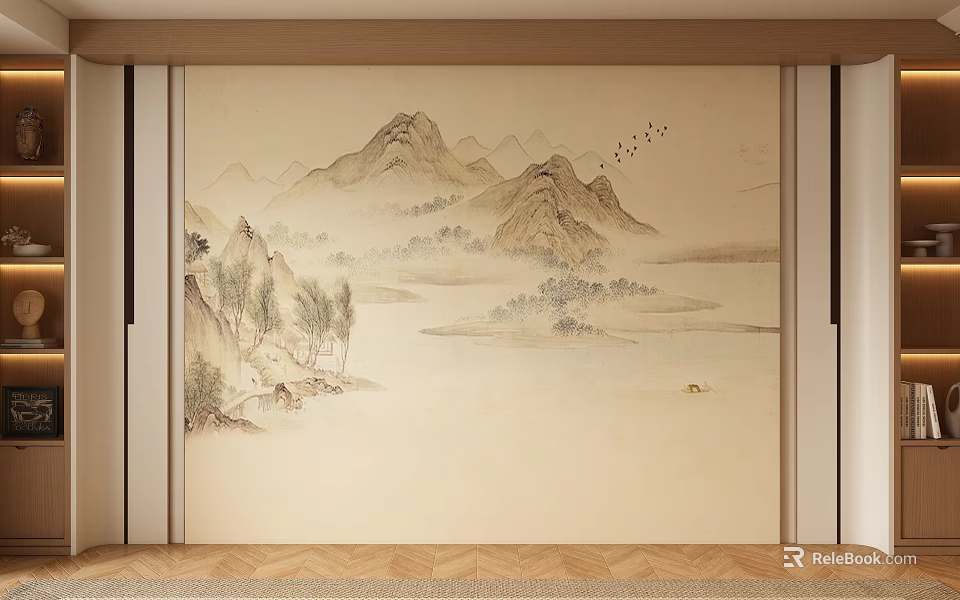 Traditional Chinese Landscape Wall Mural featuring Mountains Water Trees and Flying Birds in Elegant Design 3d model 
