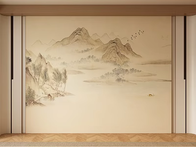 Traditional Chinese Landscape Wall Mural featuring Mountains Water Trees and Flying Birds in Elegant Design 3d model