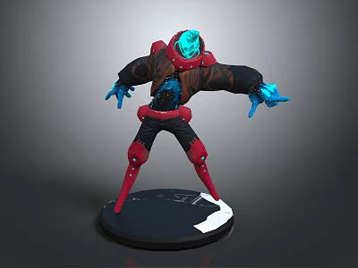 3D Designed Game Movie Character Featuring Blue Glowing Head Brown Red Outfit And Red Armor 3d model