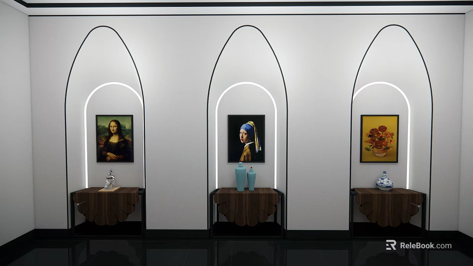 Modern Decorative Cabinets Against White Wall With Arched Lighting Art Paintings And Vases 3d model 