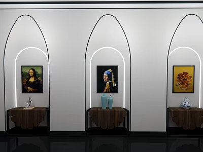 Modern Decorative Cabinets Against White Wall With Arched Lighting Art Paintings And Vases 3d model