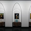 Modern Decorative Cabinets Against White Wall With Arched Lighting Art Paintings And Vases