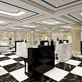 Luxurious Piano Showroom With Grand Piano Chandeliers Marble Floor And Display Cabinets