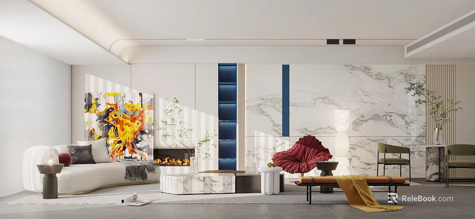 Modern Living Room With White Walls Marble Elements Red Chair And Fireplace 3d model 