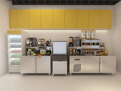 Bright Yellow Kitchen Setup With Stainless Steel Counter Refrigerator Coffee Machine And Food Ingredients 3d model
