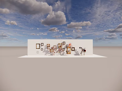 Stylish Floral Display with Decorative Items and Photo Frames on White Wall Against Blue Sky 3d model