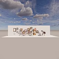 Stylish Floral Display with Decorative Items and Photo Frames on White Wall Against Blue Sky