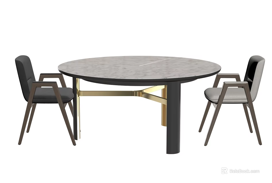 Modern Round Dining Table Set With Gray Top Gold Black Base And Two Chairs 3d model