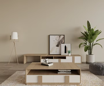 Modern Log Style TV Cabinet Coffee Table Combination Coffee Table Floor Lamp Green Plant 3d model