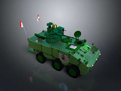 Green Military Wheeled Tank With Flags On Sides And Top Antenna Weapon System 3d model