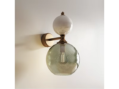 Brass Wall Lamp With White Spherical Top And Textured Transparent Glass Shade 3d model