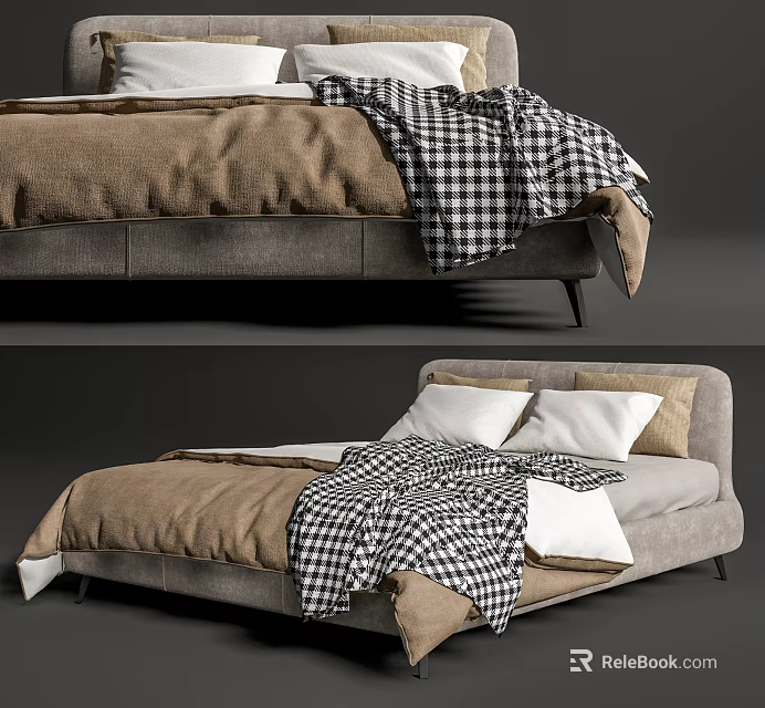 Modern Double Bed With Gray Headboard Brown Comforter And Checkered Blanket 3d model 