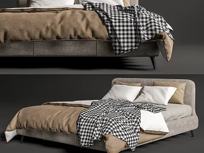Modern Double Bed With Gray Headboard Brown Comforter And Checkered Blanket 3d model