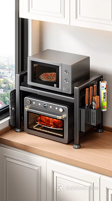 Space Saving Countertop Kitchen Appliances Setup With Microwave Toaster Oven And Knife Holder 3d model 