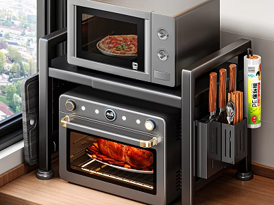 Space Saving Countertop Kitchen Appliances Setup With Microwave Toaster Oven And Knife Holder 3d model