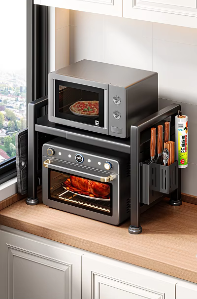 Space Saving Countertop Kitchen Appliances Setup With Microwave Toaster Oven And Knife Holder 3d model