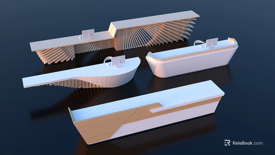Modern Reception Desk Design With Wooden White Elements And Unique Shapes 3d model 