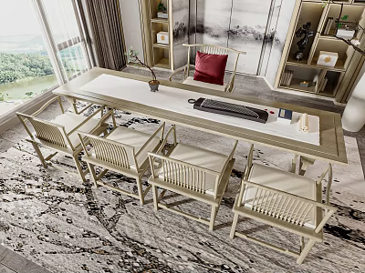Chinese Style Wooden Tea Table and Chairs with Scenic View Through Large Windows 3d model