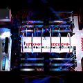 Tobacco and Liquor Store Interior With Arched Structures Colorful Lighting and Customers