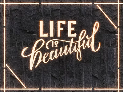 Stylish Lighting Combination With Golden Neon Frame Black Stone Wall And LIFE is beautiful Lettering 3d model