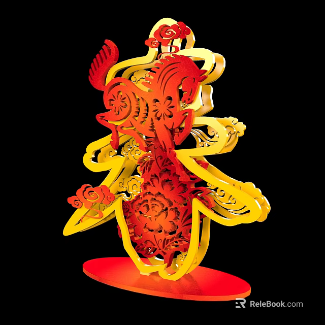 Commercial Landscape With Traditional Red Yellow Paper Cut Art Decoration 3d model 