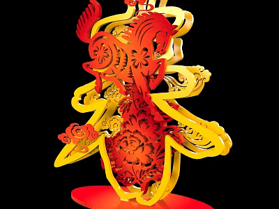 Commercial Landscape With Traditional Red Yellow Paper Cut Art Decoration 3d model