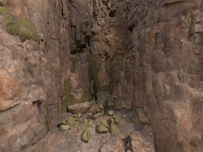 Natural Rocky Crevice Between Rugged Rock Walls With Green Moss And Scattered Stones 3d model