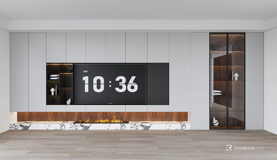 Modern Style TV Wall Unit With Large TV Fireplace Wooden Elements And Glass Door Cabinet 3d model 