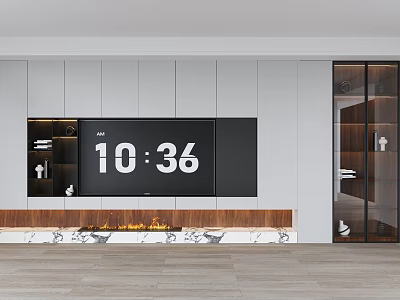 Modern Style TV Wall Unit With Large TV Fireplace Wooden Elements And Glass Door Cabinet 3d model