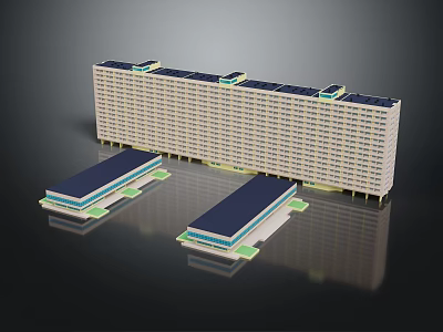 Modern Urban Building Complex Featuring Multi Storey Design Solar Panels On Roof And Adjacent Buildings 3d model