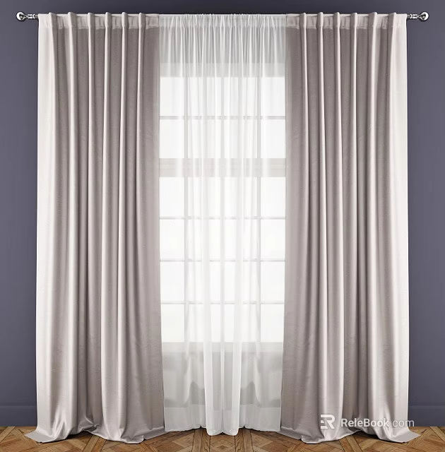 Two Layer Curtains With White Sheer And Beige Outer Against Purple Wall Modern Home Decor 3d model 