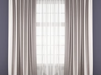 Two Layer Curtains With White Sheer And Beige Outer Against Purple Wall Modern Home Decor 3d model