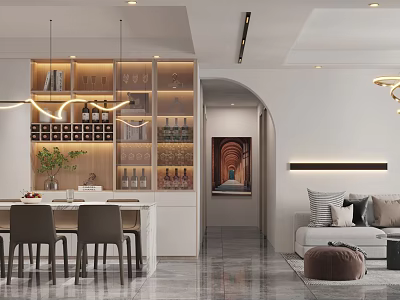 Modern Living And Dining Room Interior With Wine Cabinet Pendant Lights Bar Stools And Sofa 3d model