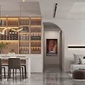 Modern Living And Dining Room Interior With Wine Cabinet Pendant Lights Bar Stools And Sofa