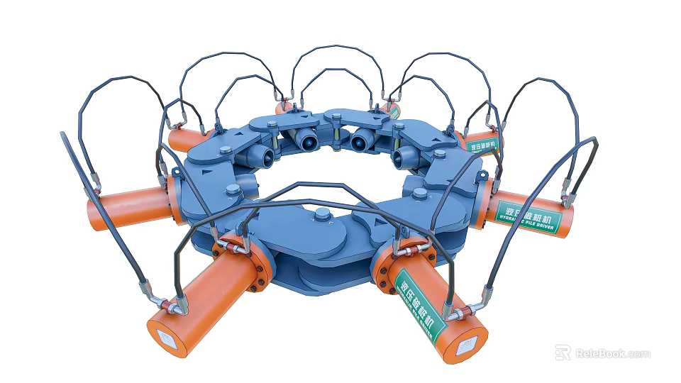 Industrial Hydraulic Equipment With Circular Structure And Multiple Orange Mechanical Components 3d model 