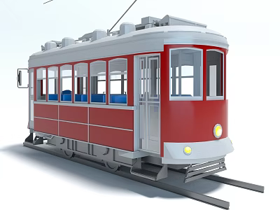 Vintage Red Tram Car With Blue Seats On Railway Track Exterior 3d model