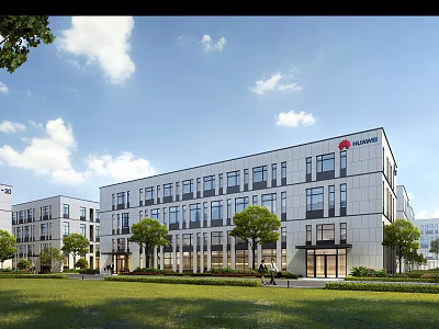 Modern Industrial Buildings With Lawn Trees And Blue Sky 3d model