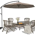 Wicker Outdoor Chairs with Round Table Large Beige Cantilever Umbrella Vase and Fruits Patio Seating
