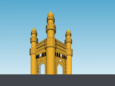 Ornate Golden Entrance Gate With Traditional Towers And Archway Design 3d model