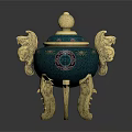 Traditional Turquoise Ornament Decoration Set With Golden Dragon Ears Patterned Lid And Three Legged Base