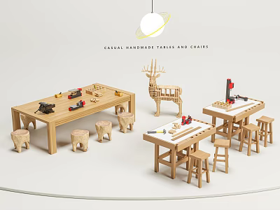 Casual Wooden Functional Tables With Chairs And Play Tools For Kids 3d model