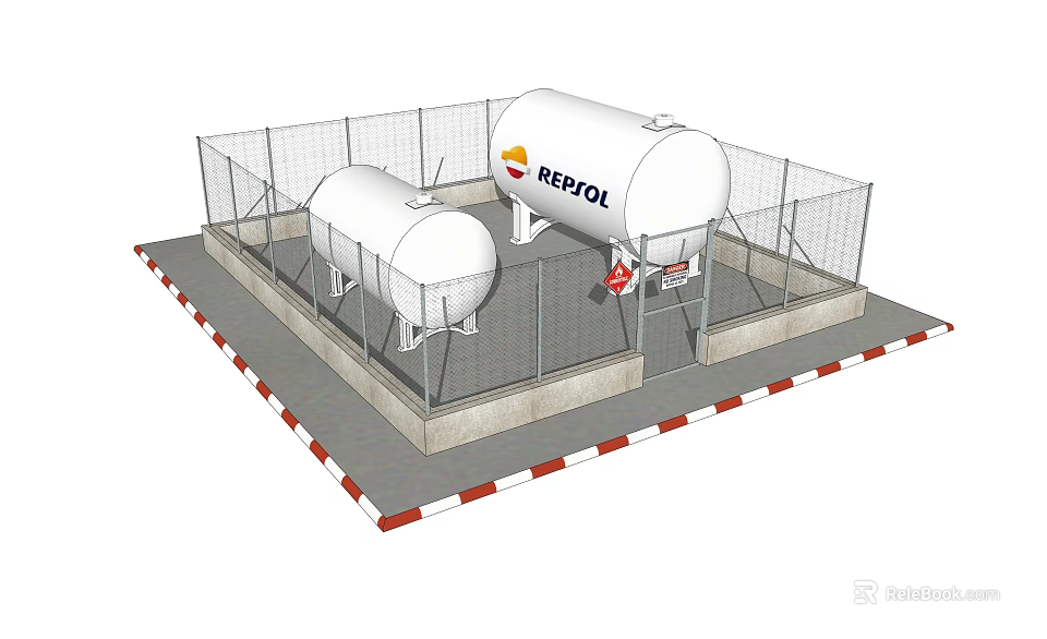 Industrial Equipment Including Two White Storage Tanks REPSOL Logo Fencing And Warning Tape 3d model 