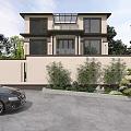 Modern Two Story Detached Villa Exterior With Large Windows Courtyard And Greenery