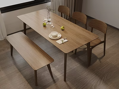 Modern Minimalist Dining Area With Wooden Table Chairs Bench Fruits Glasses And Tableware 3d model